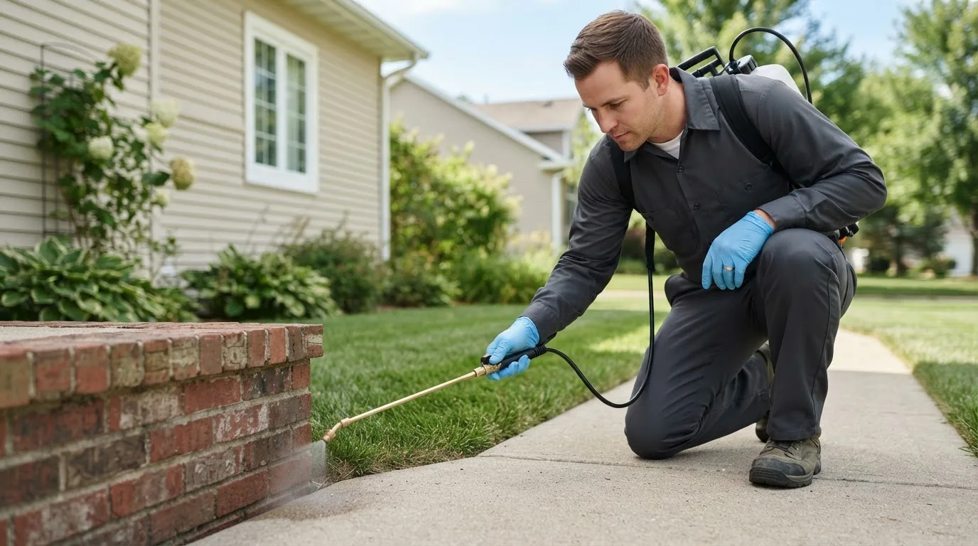 Pest control technician treating a home near Weldon, NC